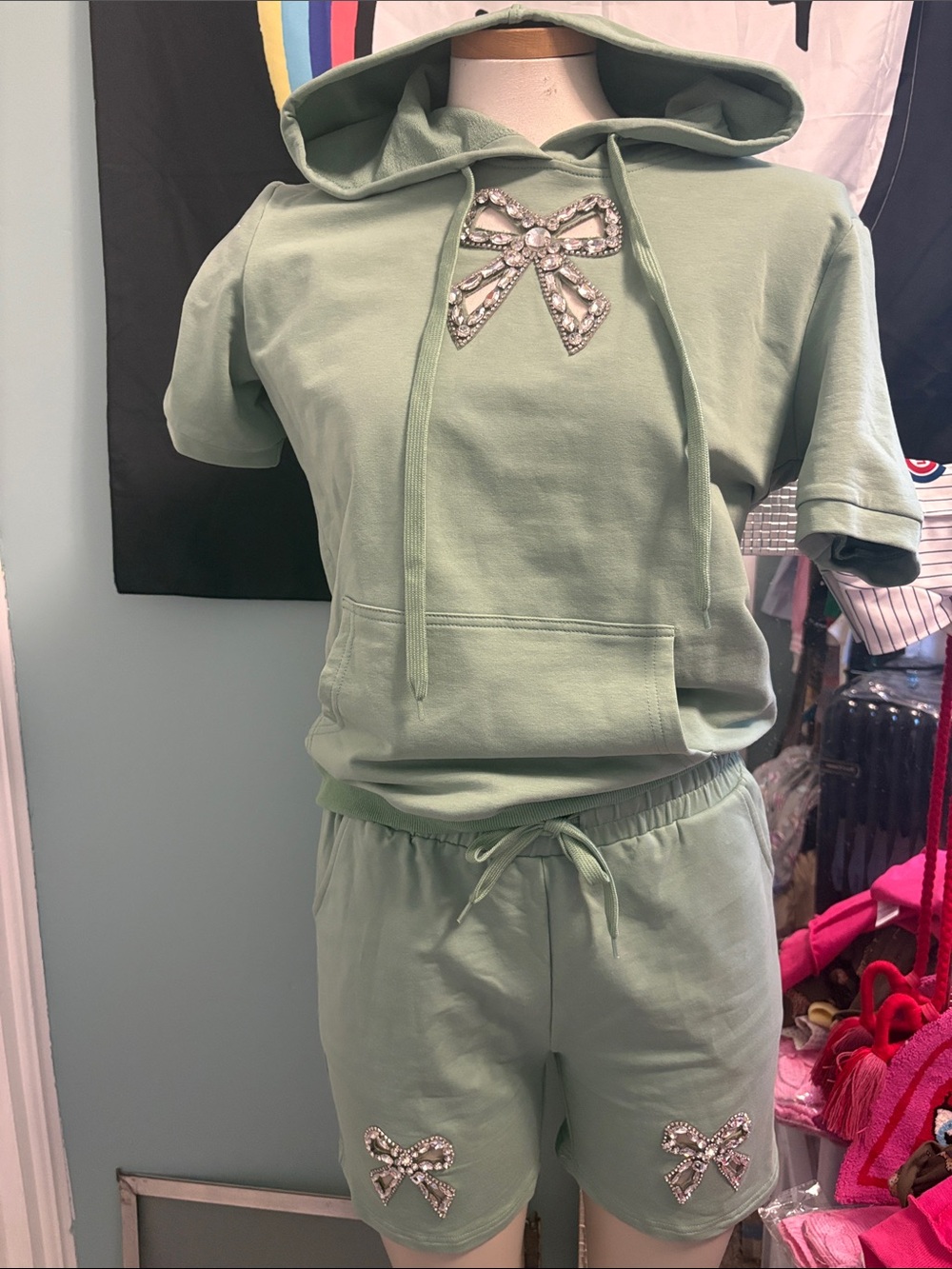 Women's High Waist Shorts - Sage Green Bow Embellished